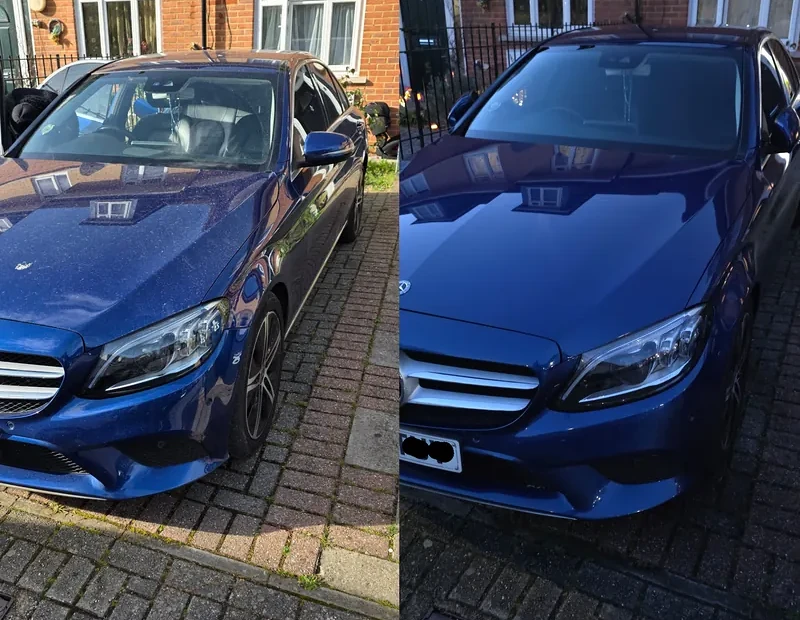 Blue Mercedes before and after a car cleaning membership visit in Wembley