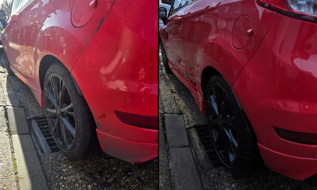 Before and after car detailing on a red car in NW London