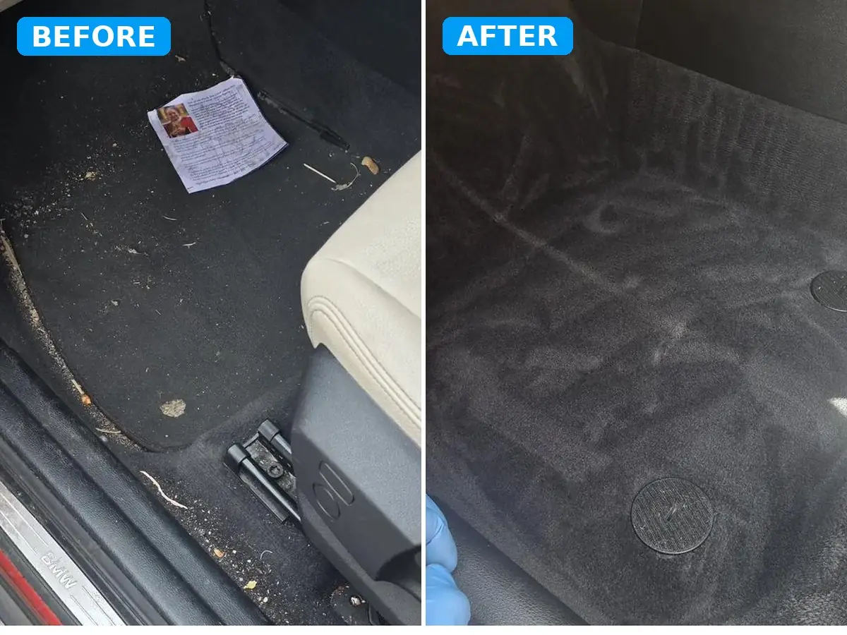Car interior cleaning before and after on a BMW X1 footwell carpet in Wembley